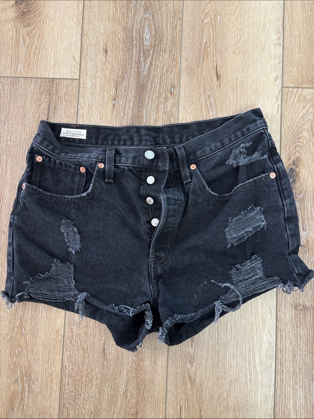 Levi's 501 Black Distressed Button-Fly Denim Shorts
